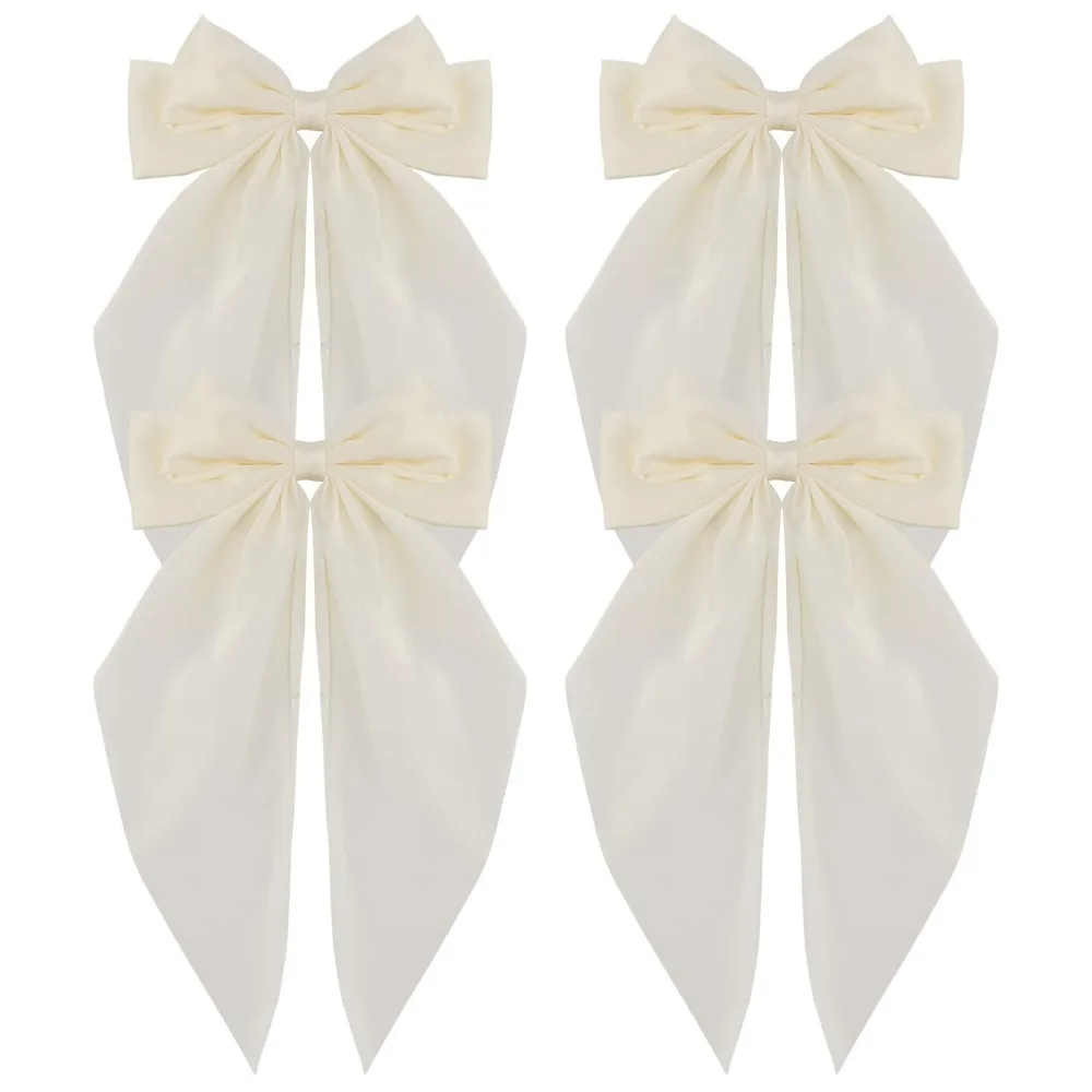 

Атласные белые аксессуары для волос для женщин: большие заколки с бантом, длинные заколки для волос на хвосте и металлические зажимы — эстетика