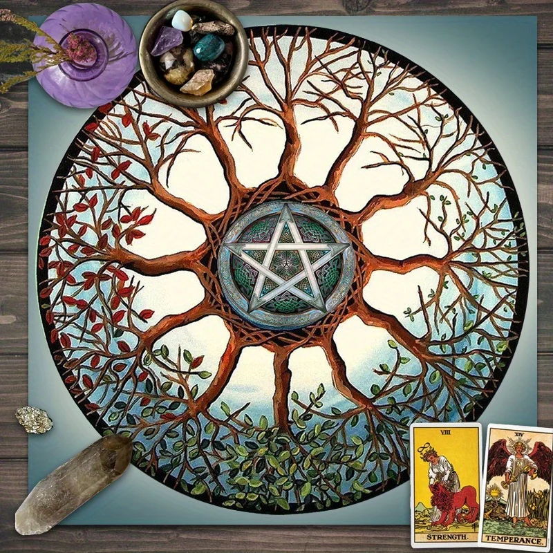 50/75/110/137cm Tarot mat Celtic Tree Of Life Tablecloth Blue Green Background Gold Totem Waterproof Stain Resistant Tarot