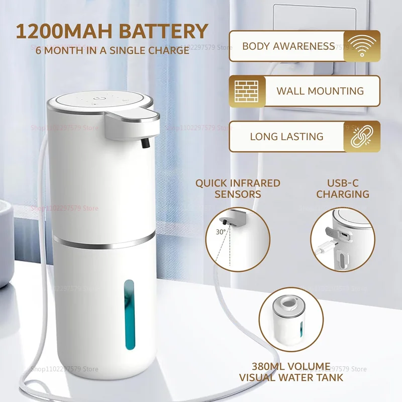 

Автоматический дозатор мыла, 380 мл, пена, USB перезаряжаемое настенное крепление, 4 уровня, регулируемая ванная комната, кухня, ручная стирка, новинка 2025 г.