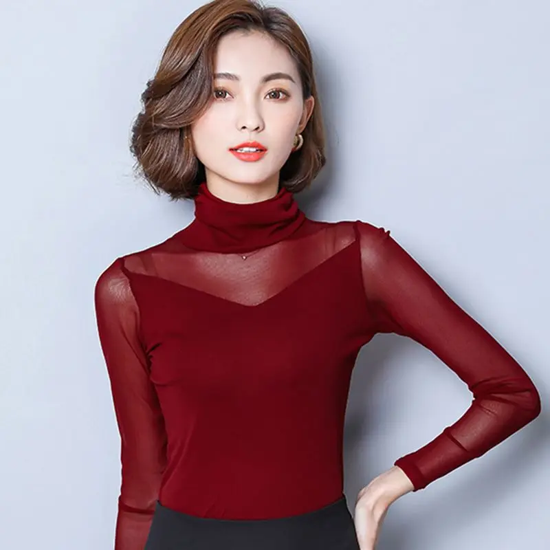 2024 Plain Top for Women Turtleneck Mesh Lace Tshirt Slim Woman T-shirt Sexy Pulovers Korean Style Old Clothing Novelties O Tee