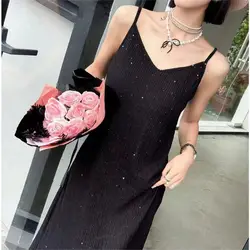 V-neck Straight Sparkling Camisole Midi Dress Sleeveless French Bright Suspender Long Skirt Sexy Elegant Casual Women Clothing