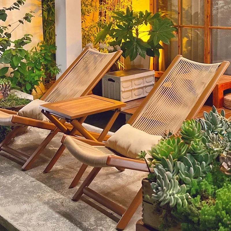 

Outdoor Deck Chair Home Patio Lounge Cane Chaise with Back Folding Seaside Waterproofing Chair Retro Luxury Home Decor Furniture