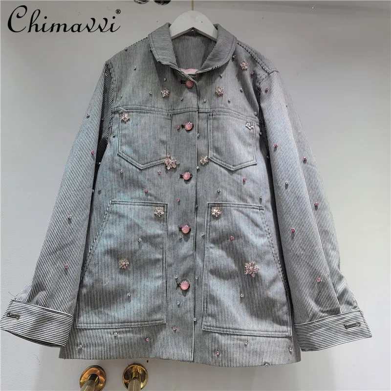 

Корейская мода, повседневная кукольная куртка с длинным рукавом, однобортная, с ромбовидным цветком, свободная универсальная полосатая джинсовая куртка, женская осенняя куртка