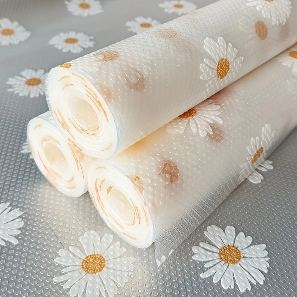 1 Roll Daisy Shelf Liner For Kitchen Cabinets EVA Waterproof Fridge Pad Cupboard Mat Easy Placemats Non-Adhesive Drawer Liner