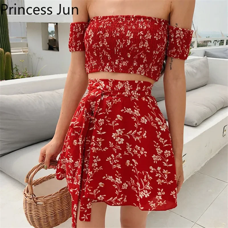 Summer Floral 2 Piece Sets Outfits Sexy Slash Neck Off Shoulder Shirt Crop Top&High Waist Mini Skirt Small Girl 2pc Dress Suits