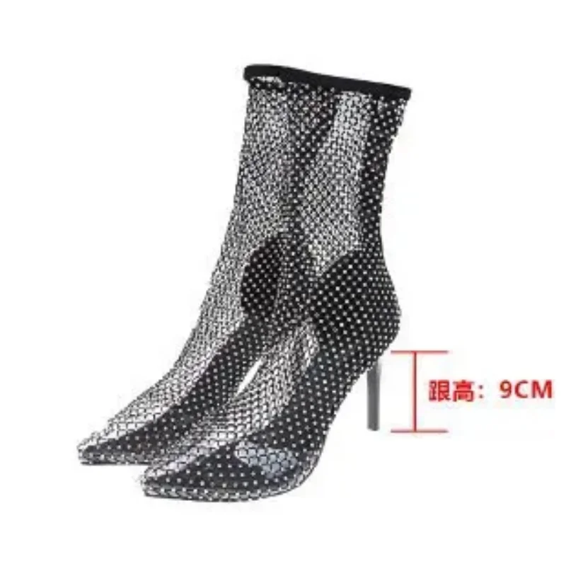 Fine Heel Pointed Head Rhine-drill Cold Boots High Heel Elastic Fishnet Socks Boots Hollowed Out in 2024 New Women\'s Shoes