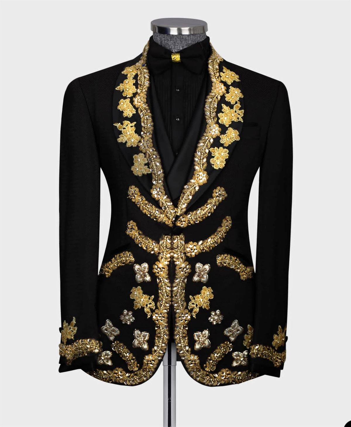 Costume de Smoking pour Homme, avec Appliques de Fleurs, Châle, Revers, un Bouton, Personnalisé, Blazer, Glaçage, sur Mesure, 3 Pièces