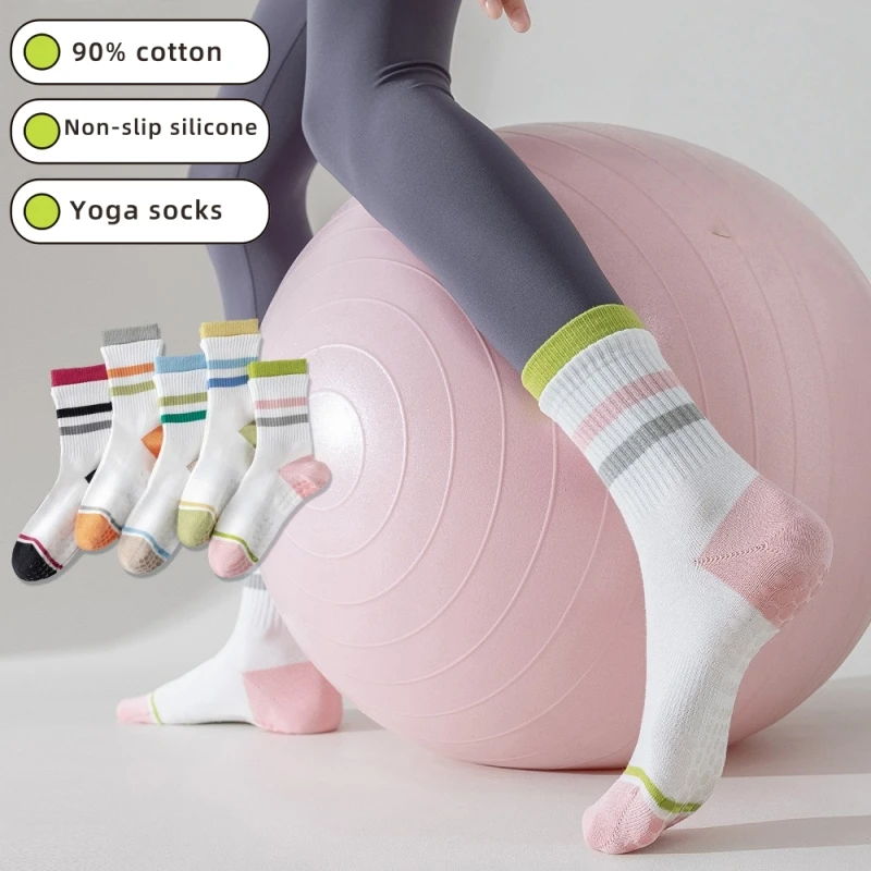 

3 Pair Women's Pure Cotton Yoga Socks Striped Mid-Barrel Cotton Non-Slip Indoor Fitness Pilates Women's Boneless Sports Socks
