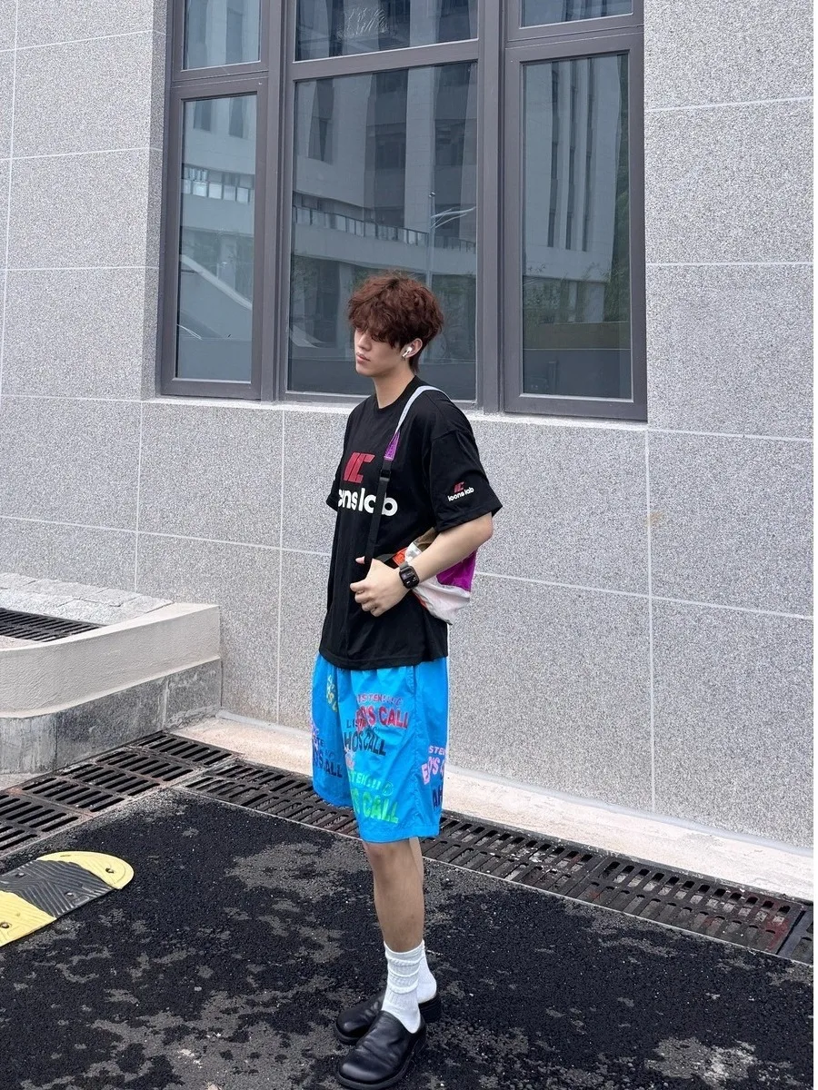 American Sle Casual Letter Print Men's Summer Trendy Loose Beach orts Spor Five-Quarter Length Straight Leg Pants