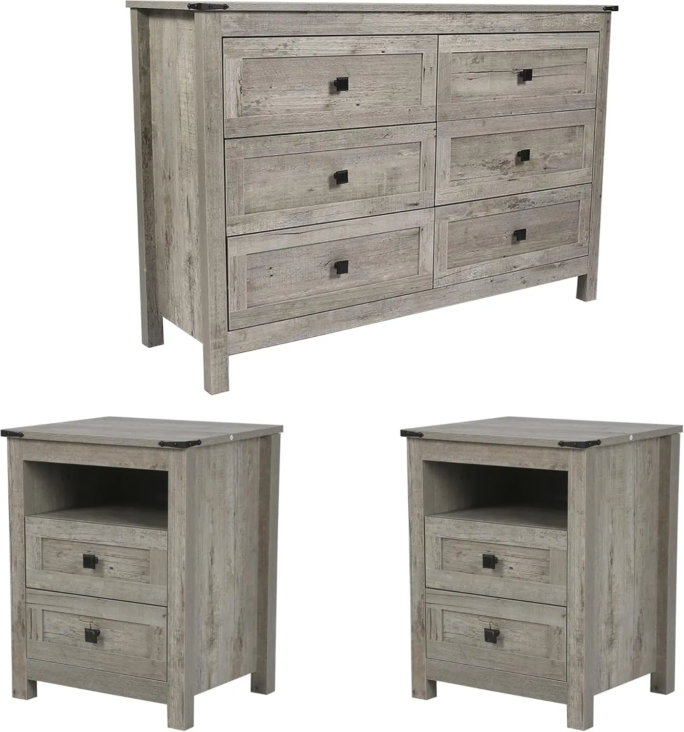 Farmhouse 6 Drawer Dresser & 2 Nightstand Set for Bedroom, Wood Dresser with Metal Handle for Bed Room, Hallway