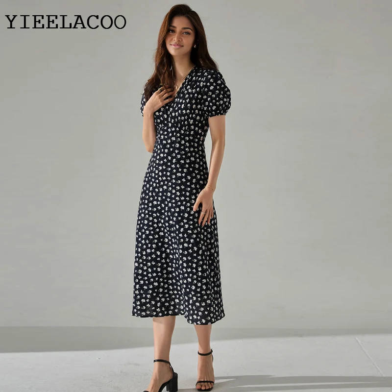 فستان أسود مُزين بنقشة الزهور بأكمام قصيرة نحيف 2026 فستان نسائي للربيع والصيف لقضاء العطلات من قطعة واحدة فستان كلاسيكي للسيدات #5