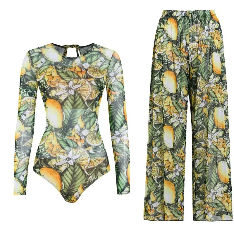 Купальник Women Rash Guard Long Sleeve Sun Protection Swimsuit Lemon Print Surfing Bathing Suit Beach Swimwear