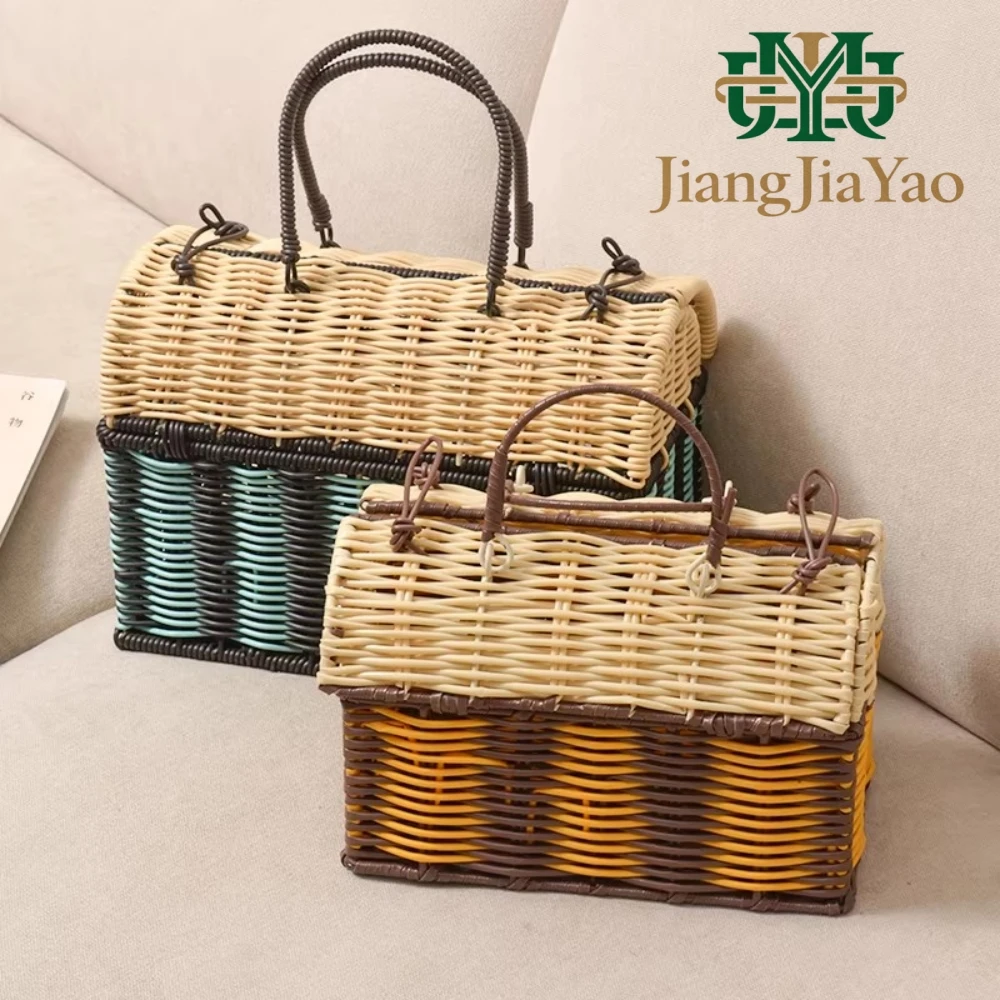 Handmade Woven Plastic Women's Handbag Large Capacity Storage Bag Retro Artistic Color-matching House Shape Shoulder Bag