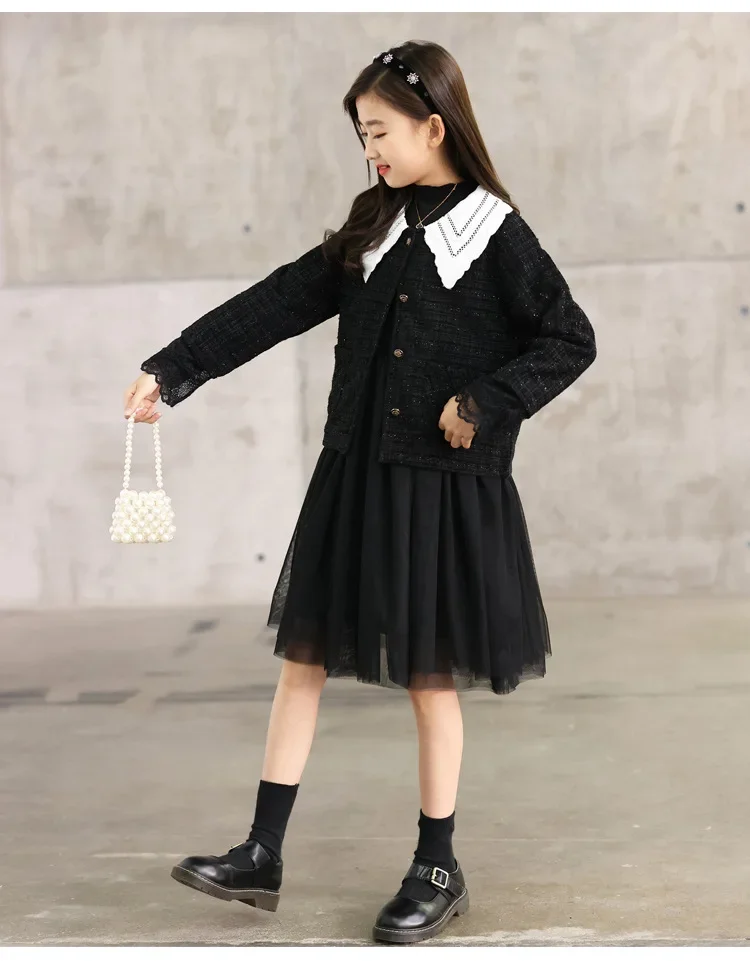 Girls Dress 2024 Spring and Autumn New Base Pompadour Gauze Skirt Large Child Princess Skirt Long-sleeved Children Dress