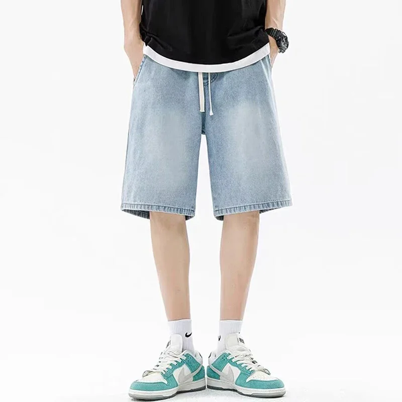 

Men Casual Denim Shorts Male Comfortable Elastic Waist Straight Leg New Soft Short Pants Light Blue Loose Baggy Wide Leg Jeans