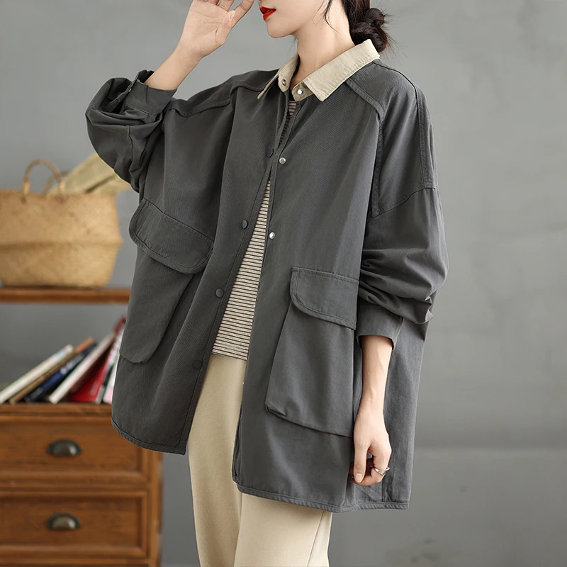 SuperAen Fashion Solid Color Loose Patchwork Lapel Collar Pocket Trench Coat for Women Autumn 2024 New Coat