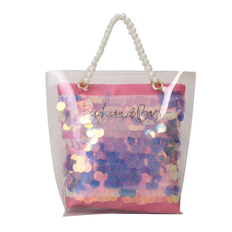 Fashion Pearl Handle PVC Clear Transparent Tote Bag Women Glitter Jelly Bag Ladies Luxury Shoulder Bags Female Messenger Bag