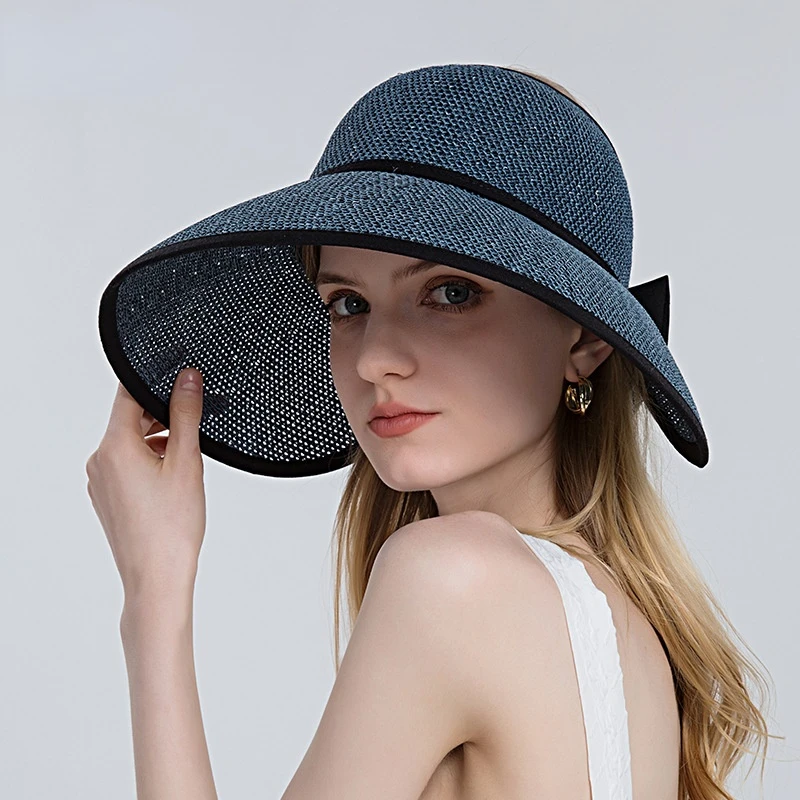 Women\'s Hat Summer Wide Brim Air Sun Hats UV Protection Top Empty Hat Bow Hollow Straw Hat Adjustable Ladies Foldable Beach Hat