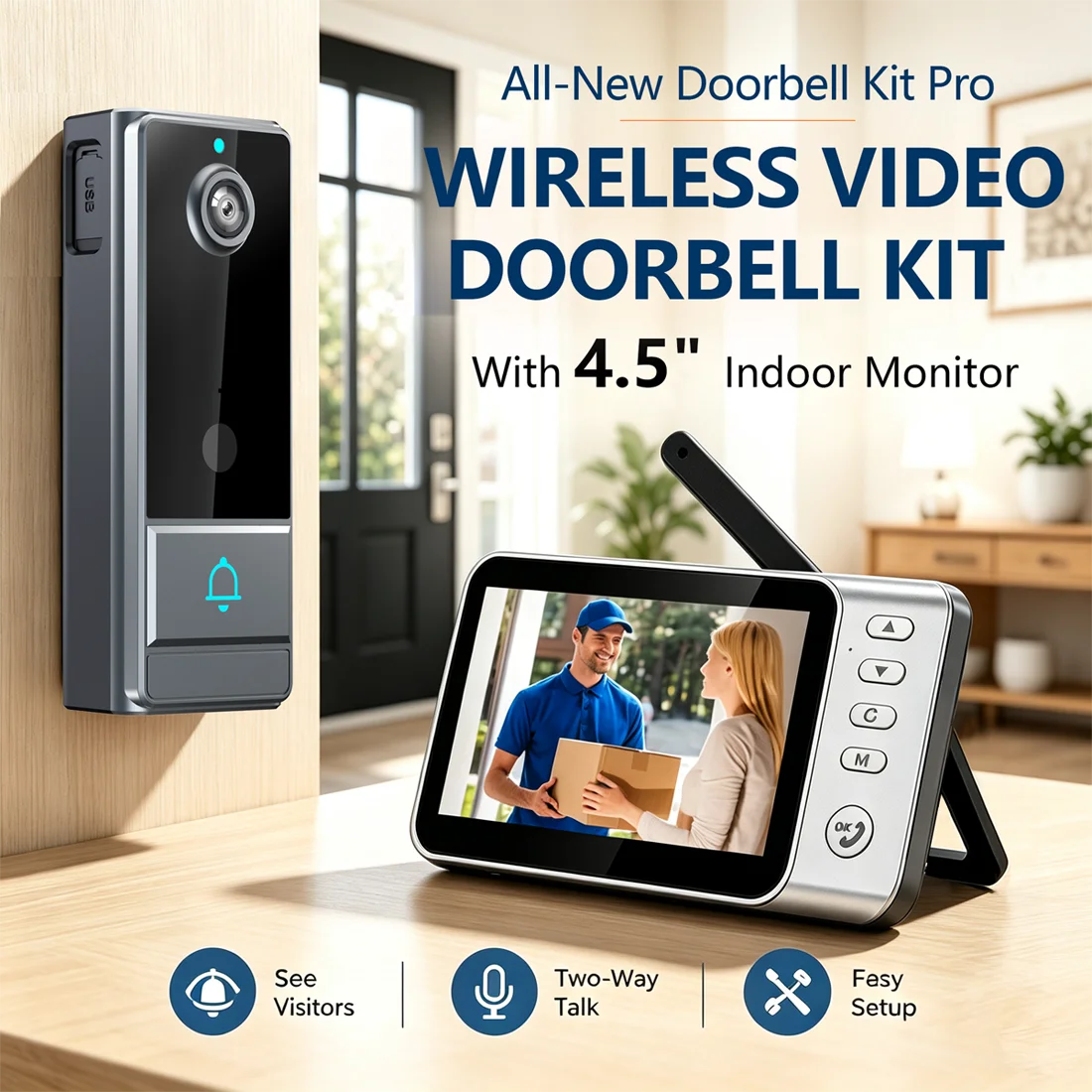 XBIBI video doorbell no subscription 4. 3' Display Screen Video Doorbell Camera with Video Two-Way Audio, RF Security, Night Vision, Perfect for Home & Commercial Use, Commercial, No Subscription, No APP, No WiFi
