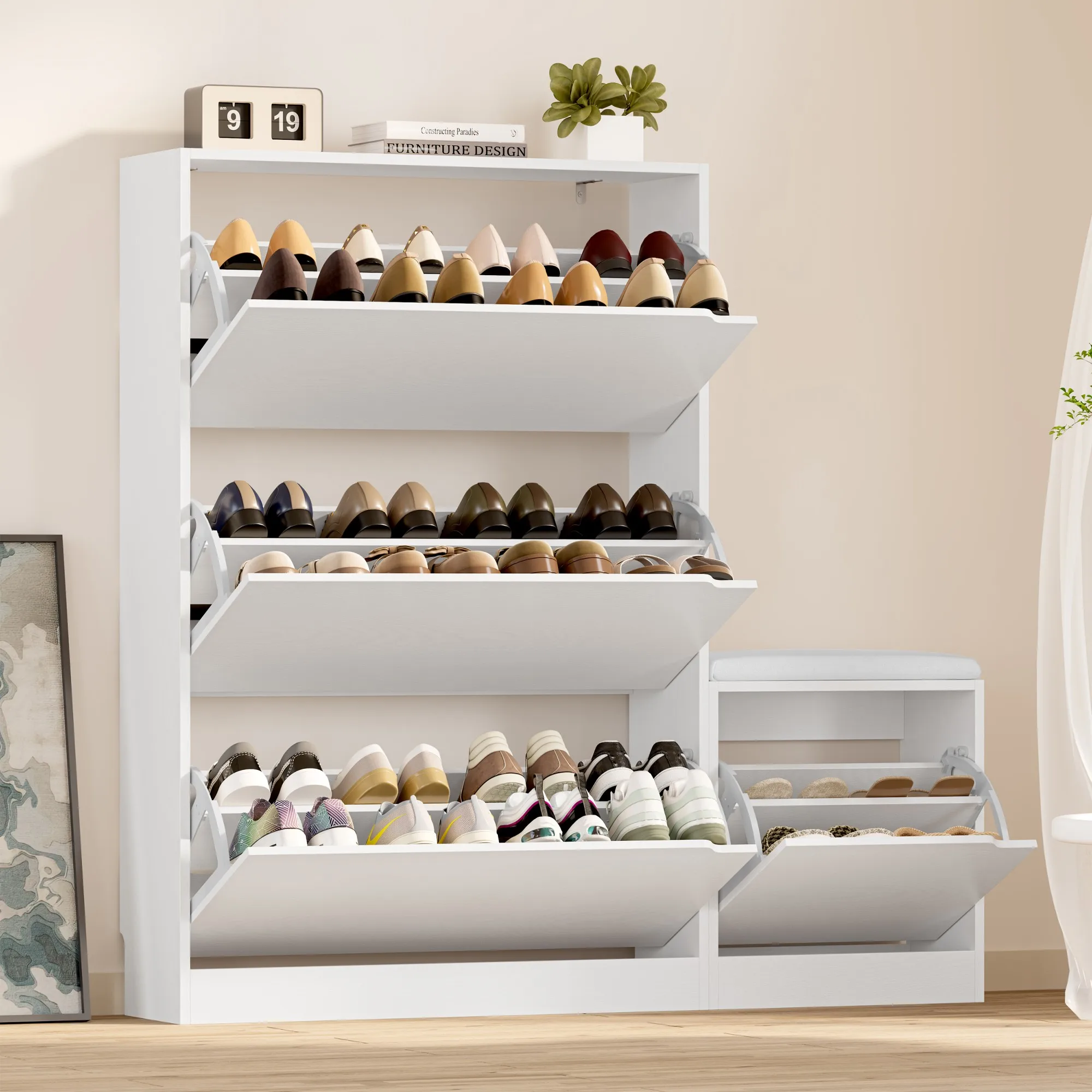 Shoe Cabinet with Bench and 3 Flip Drawers, Slim Narrow Shoe Storage Cabinet, Freestanding Shoe Rack Organizer with Adjustable & Removable Shelves, Anti-Tip for Entryway, Hallway