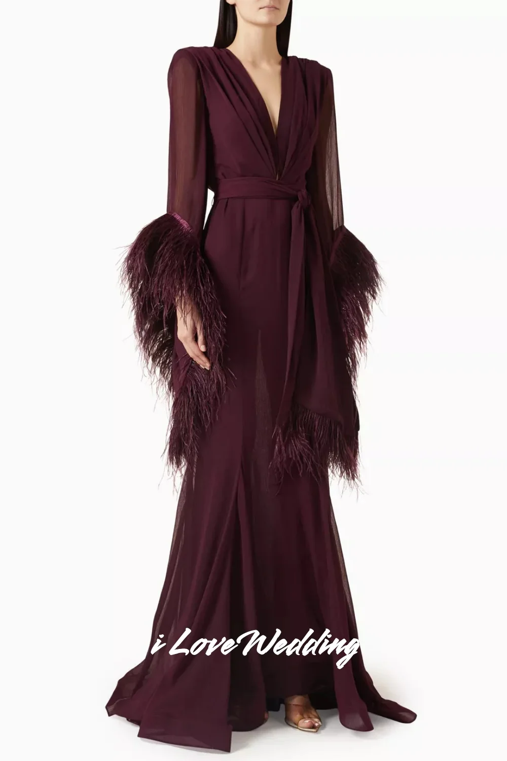 Vinho tinto com decote em v vestido de noite 2025 chiffon manga longa pena sereia até o chão elegante plissado vestido de festa de casamento customiz