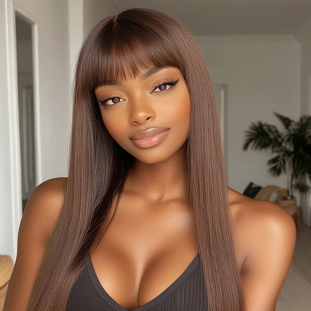 

Remy Forte Straight Brown Glueless Human Hair Wigs With Bang Full Machine Made Chocolate Brown Straight Human Hair Wig With Bang