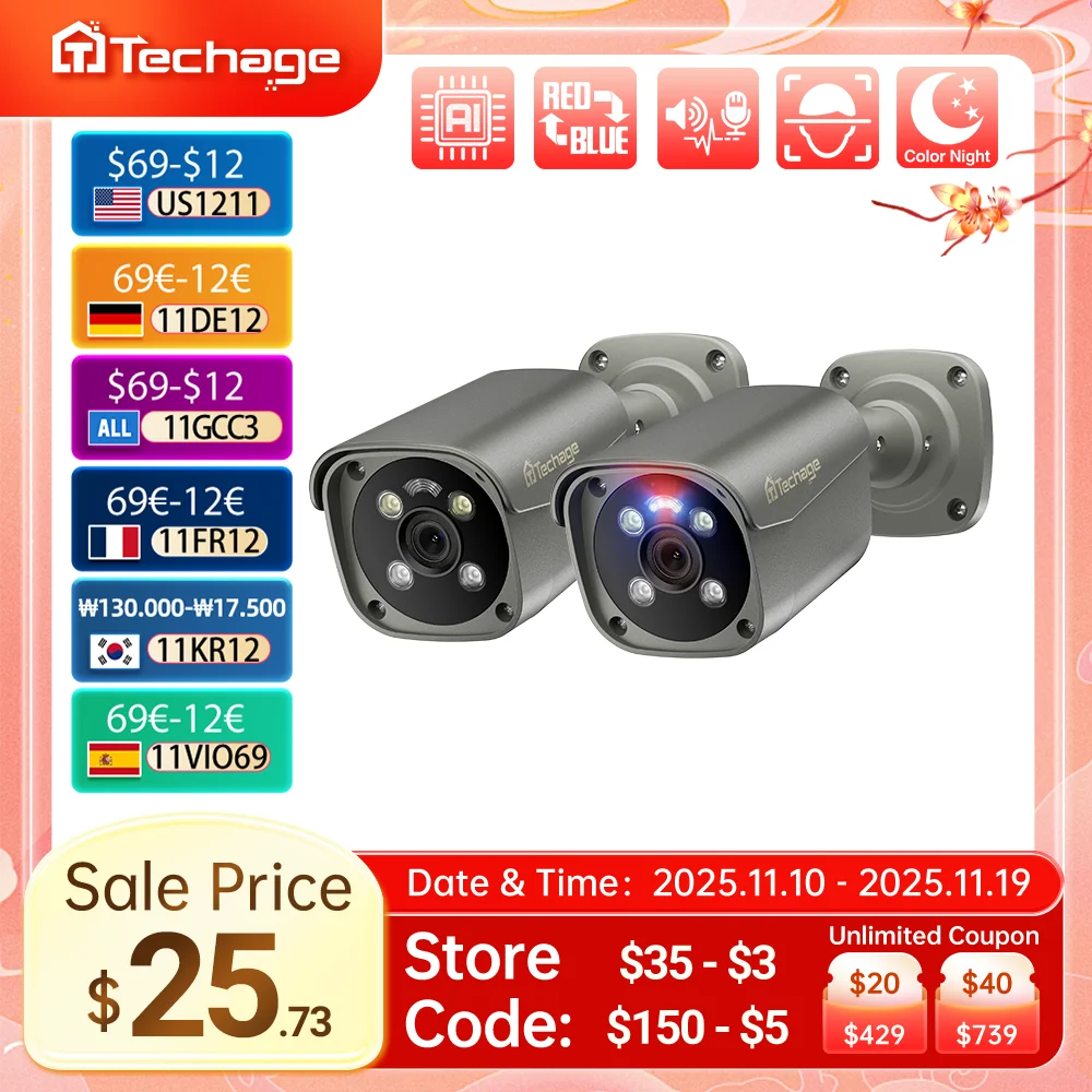Techage UHD 4K 8MP 5MP Security POE Camera Smart AI Human Detect Outdoor Two-way Audio IP Camera CCTV Surveillance Color Night