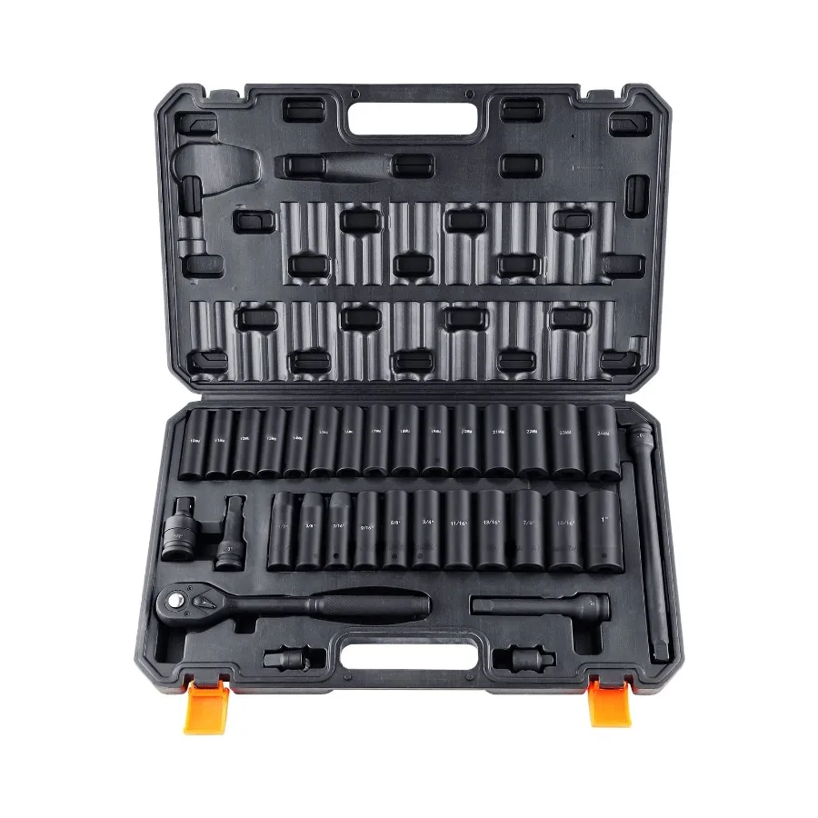 

33-Piece Impact Sockets Set with 6-Point Design and 1/2in Drive Ratchet Tool Kit in Durable Storage Case for Heavy-Duty Automot