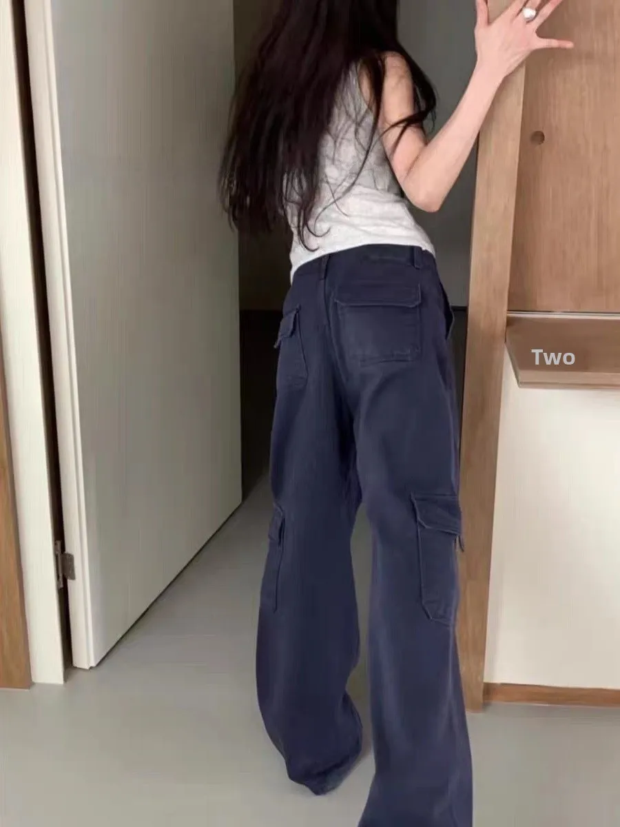 

High Waist Wide Leg Workwear Trousers for Women with Pockets Loose Fit Straight Casual Long Pants Draping Effect Cotton Material