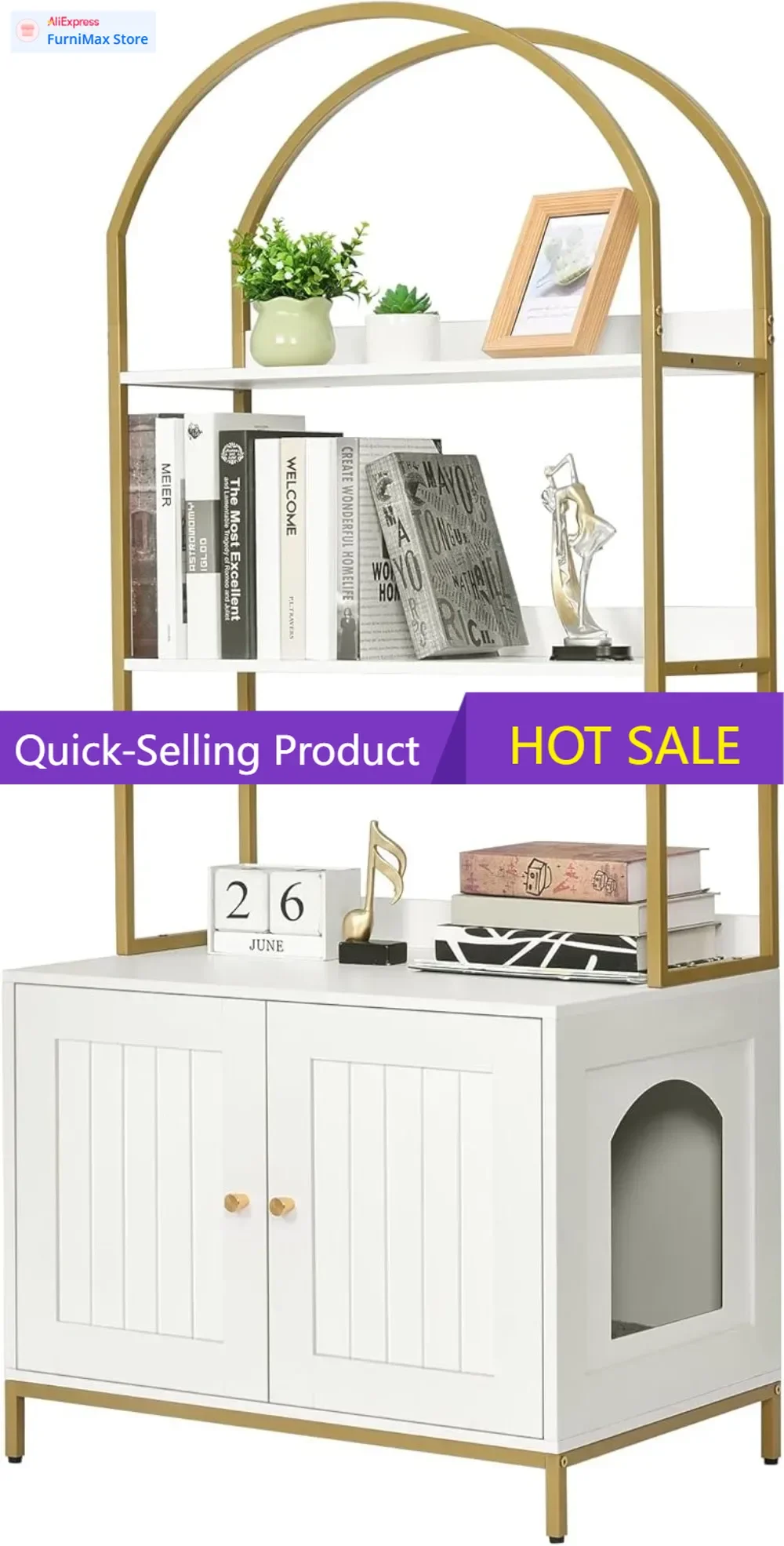 

Limited-time promotionModern Cat Litter Box Enclosure with 2-Tier Storage Shelves, White & Gold Wooden Furniture