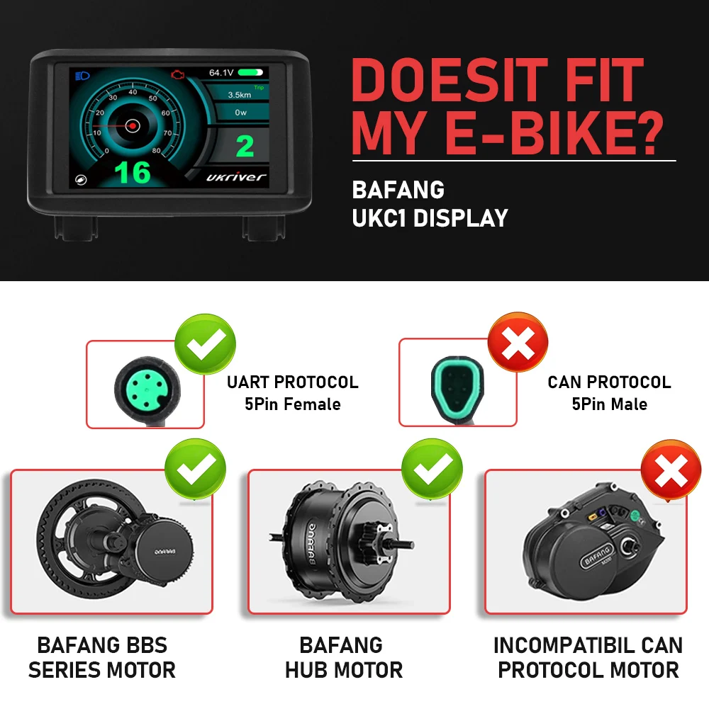 Electric Bike Display UKC1 With Bluetooth Funtion eBike Computer 9 PAS For BAFANG BBS02B BBS01B BBSHD Mid Hub Motor 24V-72V