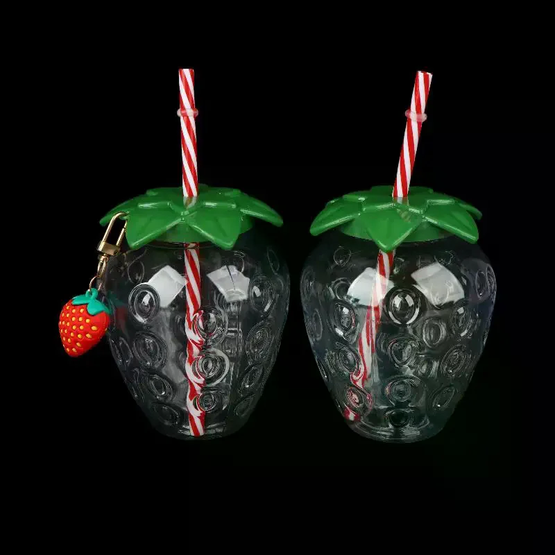 12*10cm Portable Strawberry Shaped Water Bottle with Straw Cute Plastic Cup for Everyday Use