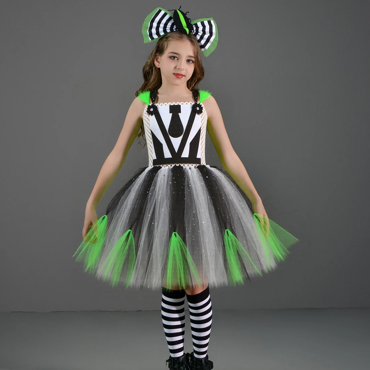 Kids Beetle Juice Halloween Costume Girls Black White Striped Cosplay Fancy Tutu Dress Children Carnival Party Dress Up Clothes