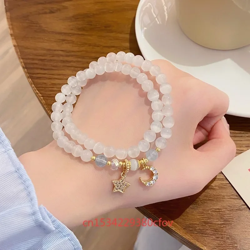 New Naturally White Cat Eye Stone Moon Stars Bracelet Sweet Refreshing Charm Jewellery Fashion Fairy Handmade Exquisite Gift