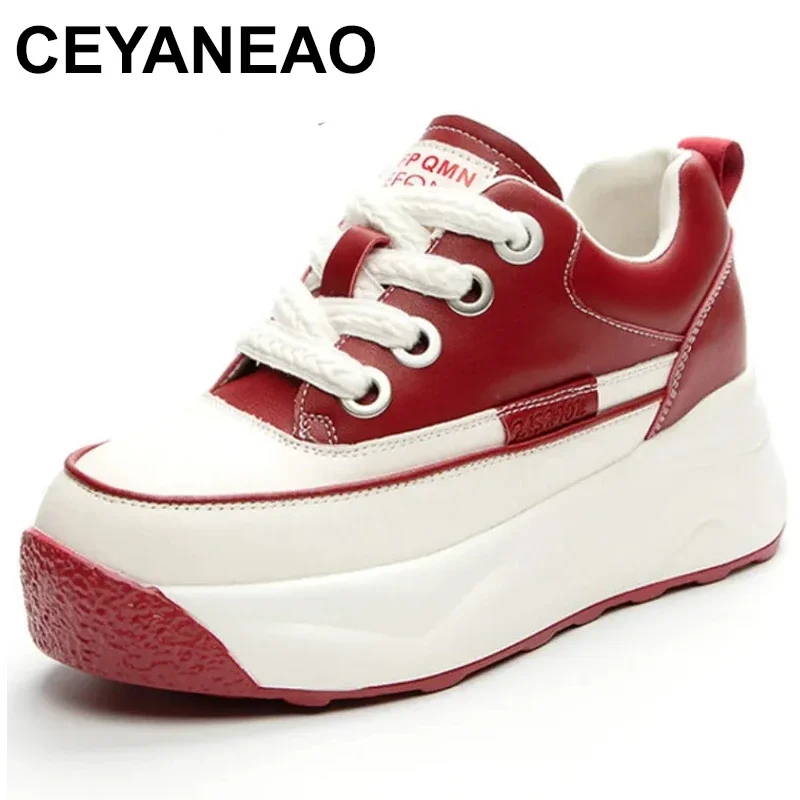 

6.5cm Elevator shoes Genuine Leather Platform Wedge Chunky Sneakers Casual Leisure Women Summer Vulcanize Girl Walking Flat Shoe