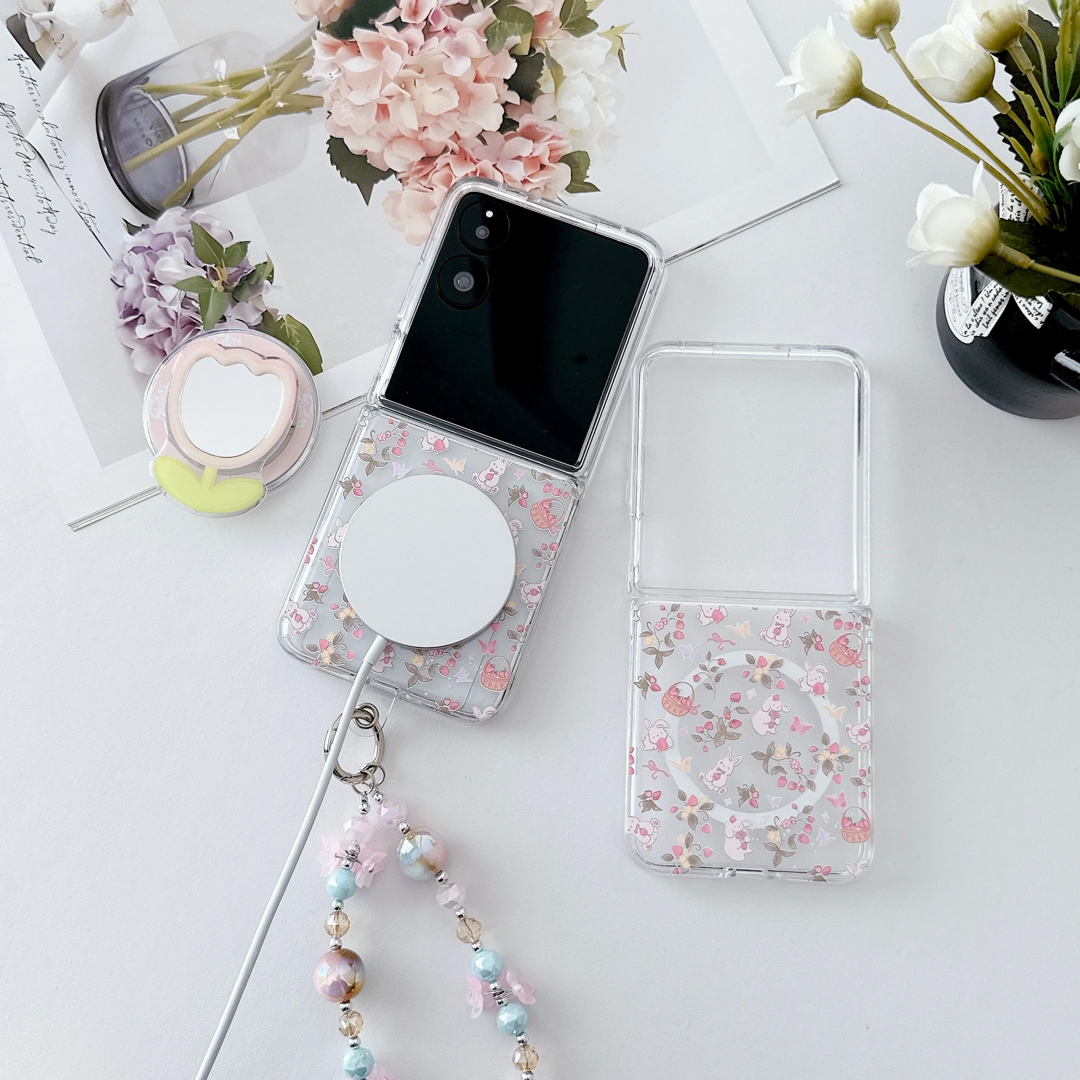 

Luxury Unique Elegant Cute Rabbit Flower Mirror Holder Pearl Strap Wrist Magnetic Phone Case Cover For Xiaomi Mix Flip