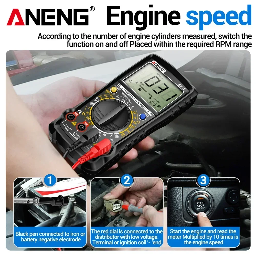 ANENG SZ26 Digital Auto Multimeter 1999 Counts AC DC Voltage Resistance RPM Dwell Angle Tester Buzzer Data Hold Auto Power Off