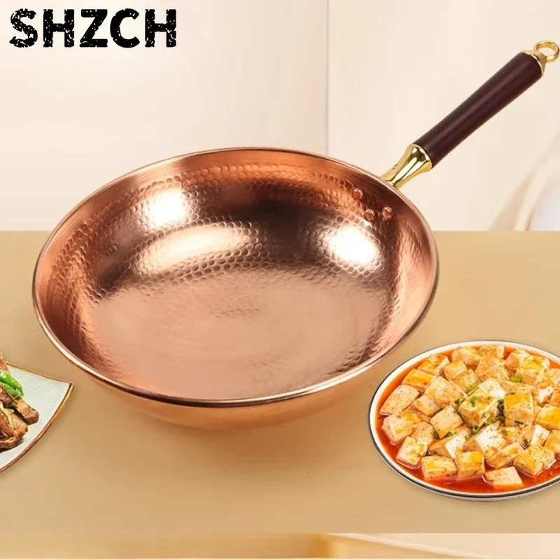 Hand-Forged Pure Copper Wok Pan Non-Stick Without Coating Traditional Cookware for Home & Commercial Use Ergonomic Handle