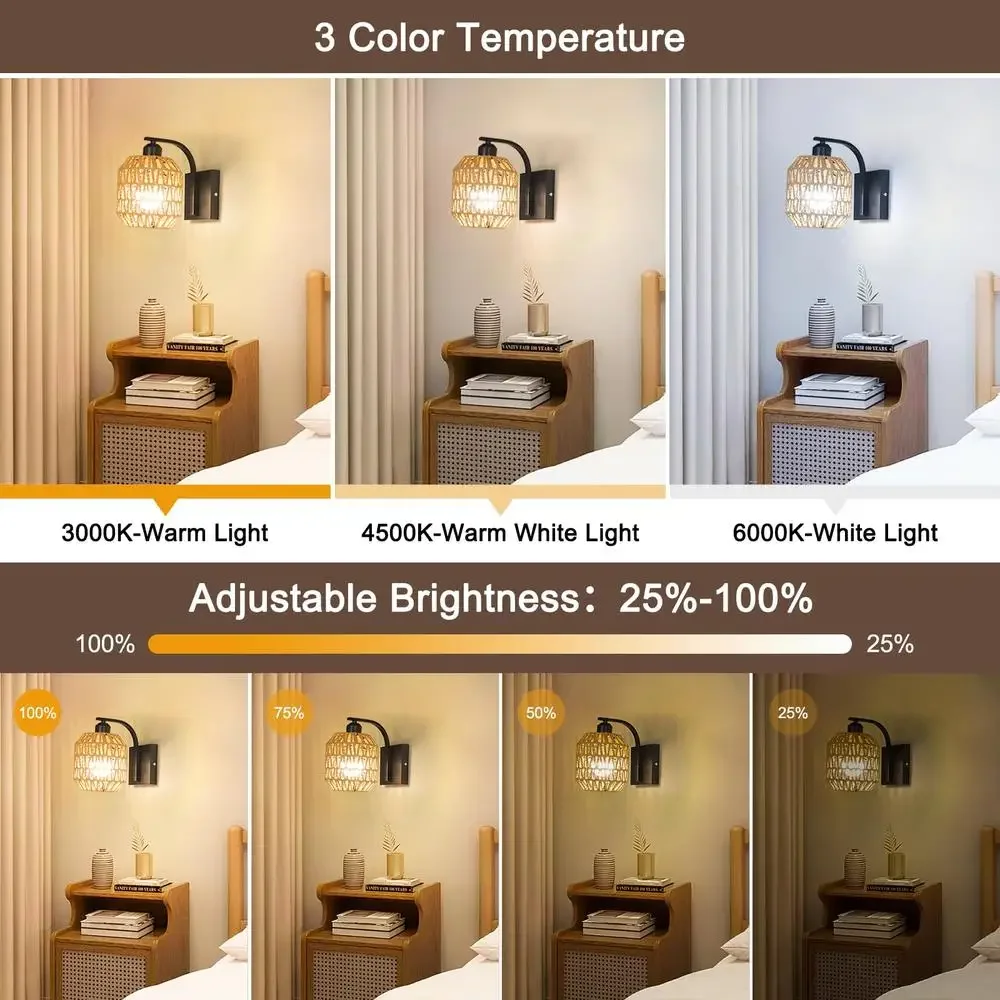Cordless Battery Operated Wall Sconces Set of 2 Rattan Wireless Rechargeable Lights with Remote Control Magnetic Base USB
