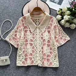 Short Sleeve Button Down Crochet Shirt Sheer Open-knit Crop Blouse Knit Top for Women Summer Boho Vacation Beach Wear