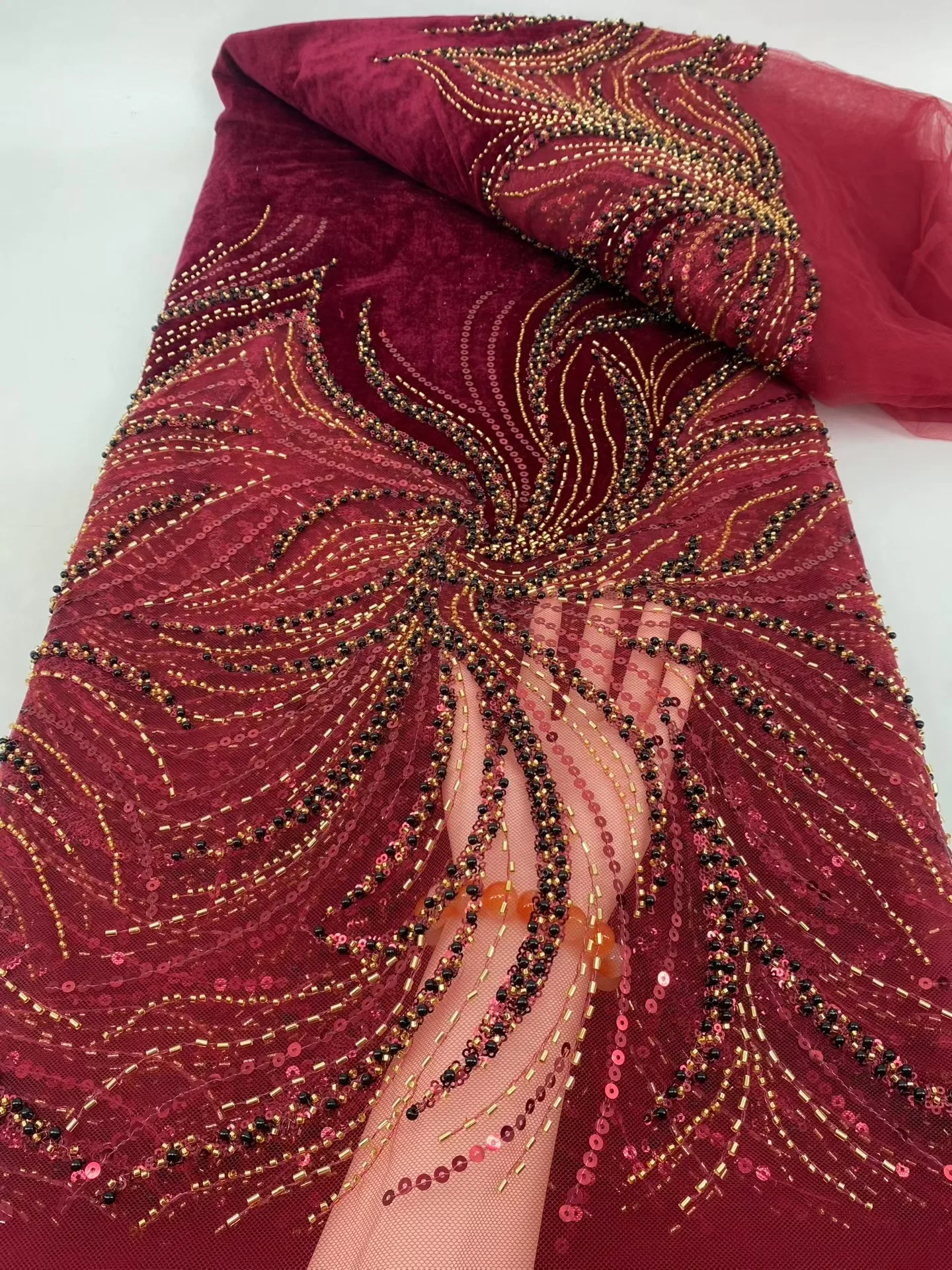 

Luxury Beads Mesh Lace Fabrics Velvet Lace Nigerian African Mesd French Tulle Beaded Net Wine Lace for Women Evening Dress H48-1