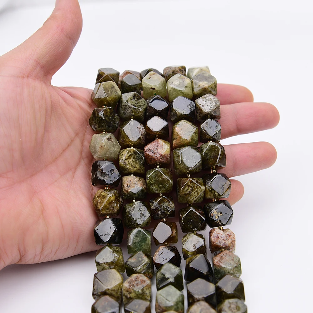 APDGG 13mm Natural Green Demantoid Garnet Stone Cutting Cube Nugget Loose Beads 15.5'' Jewelry Making Accessories