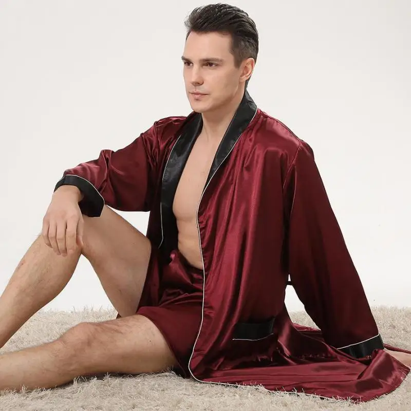 

Men Lapel Robe&Shorts Long Sleeve 2PCS Sleepwear Spring Summer Sleep Set Casual Nightgown Male Robe Set Home Dressing Gown