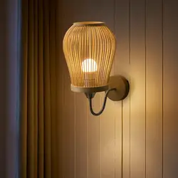 Bamboo Wall Mounted Sconce Lamp Light E27 Base Lighting Retro Style Farmhouse Decorative for Kitchen Study Home Bedroom