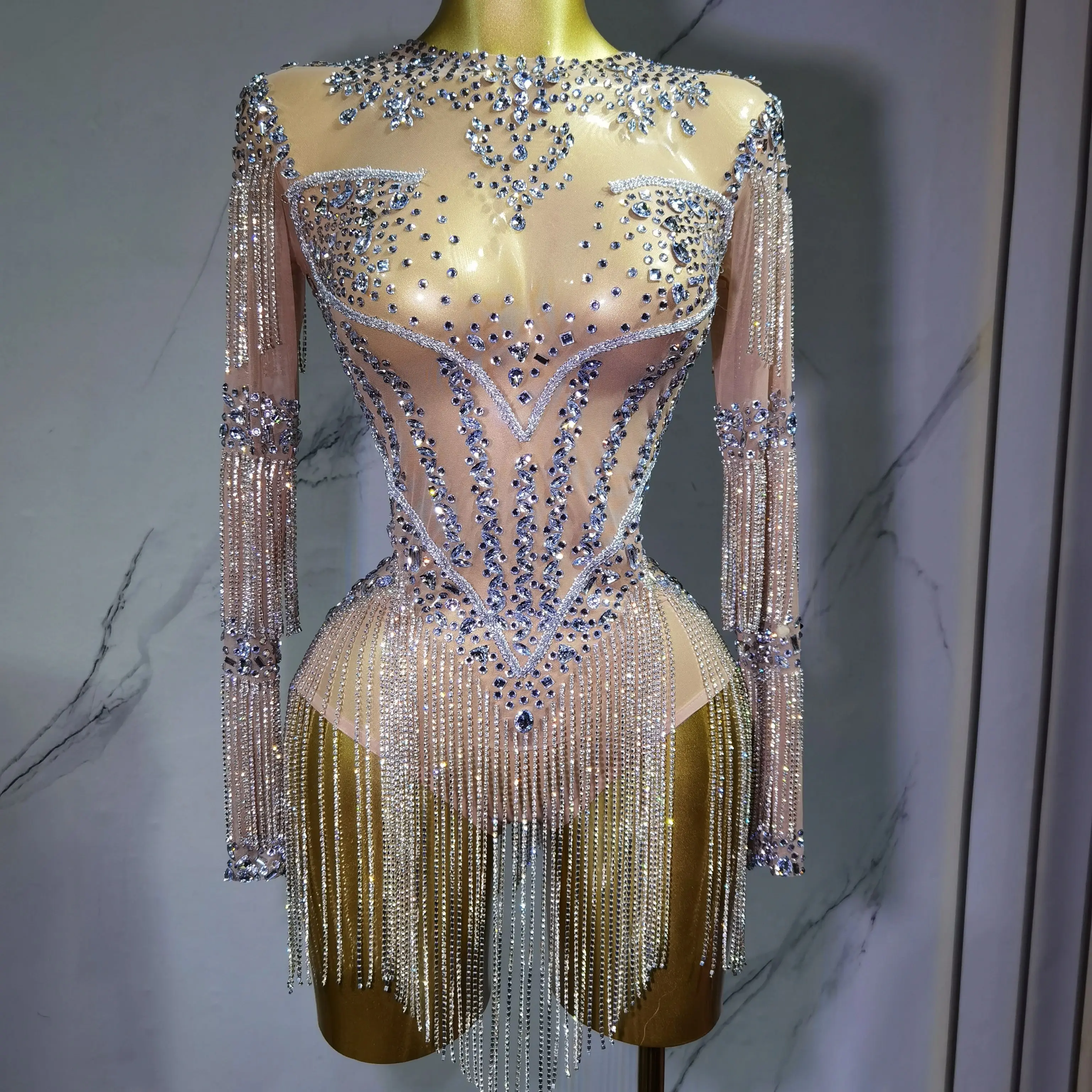 

Women Sexy Mesh See Through PerformanceDance Nightclub Rompers Singer Stage OutfiSparkly Rhinestone Bodysuit Birthday Wear