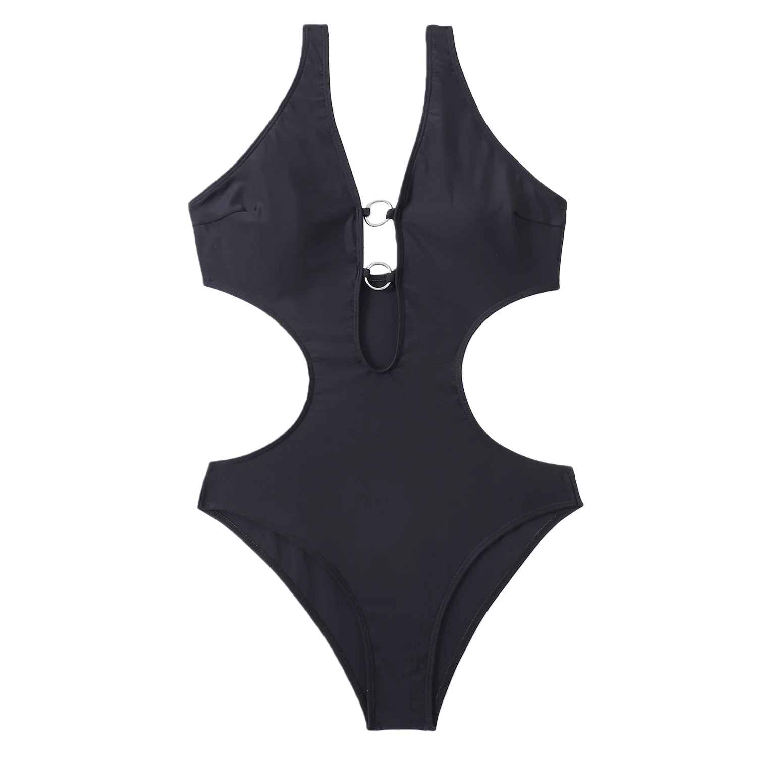 2025 Summer Sexy Black One Piece Swimsuit for Women Double Metal Ring Cutout Side Push Up Bathing Suit Monokini Beach Swimsuit