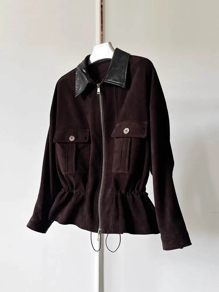 Real Sheepskin Suede Women Jacket Turndown Collar Spliced Outerwear Top Quality Autumn Winter Genuine Leather Office Ladies Coat