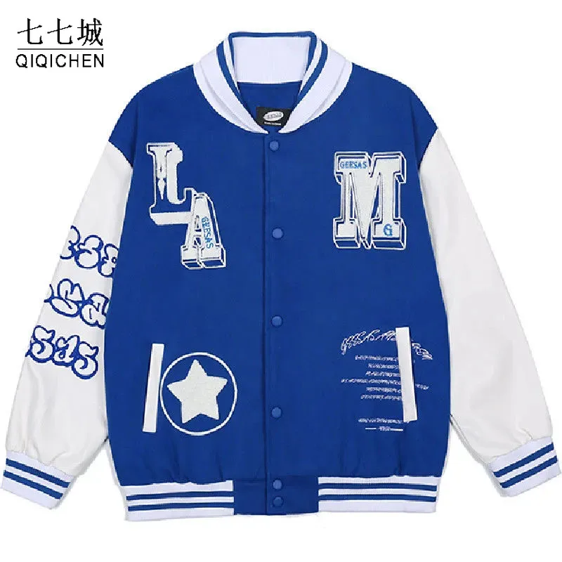 

Mens Retro Baseball Varsity Jacket Spring Loose Letter Embroidery Street Coat PU Sleeve Patchwork Bomber College Jackets Unisex