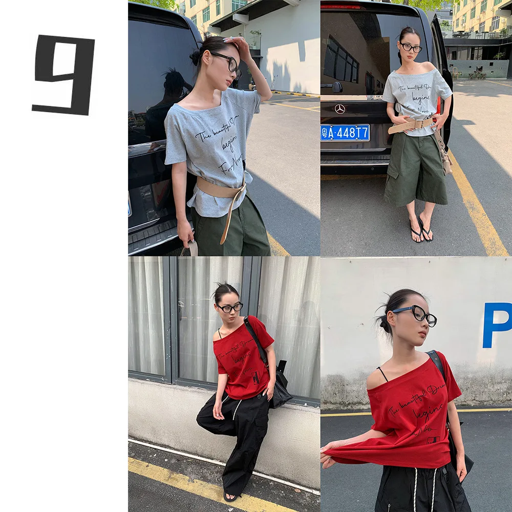 

Vintage One-word Slanted Shoulder T-shirt for Women 2025 Summer Letter Print Casual Loose Top for Women