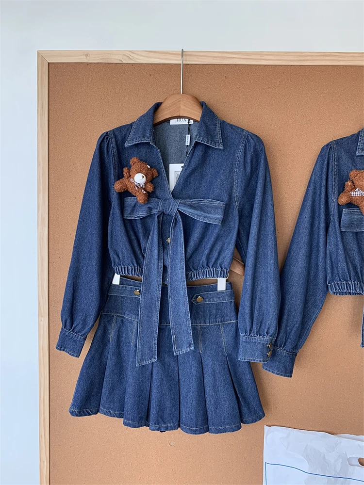 Women\'s Blue Denim Skirt Sets 90s Vintage Long Sleeve Jeans Jacket with A-Line Mini Skirts Y2k Two Piece Suit 2000s Clothes 2024